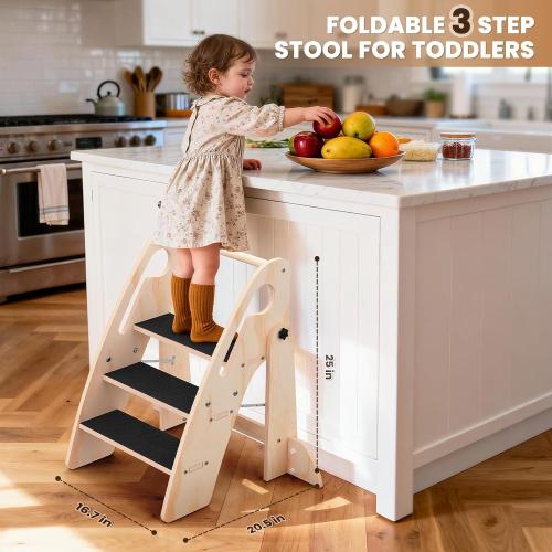 Toddler Step Stool, Wooden Foldable 3-Step Stool for Kids, Potty Training Stool with Handles and Non-Slip Strips for Bathroom Sink, Kitchen, Bedroom