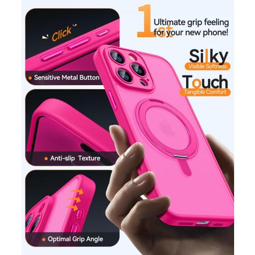 CANSHN 360° Spin Magnetic Stand for iPhone 16 Pro Max Case with Camera Control [Full Camera Protection] [Compatible with Magsafe] Translucent Matte Shockproof Protective Phone Cover 6.9 - Hot Pink