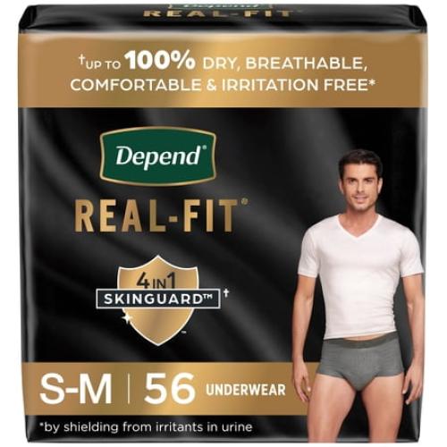 Depend Real Fit Men's Incontinence Underwear, Maximum Absorbency, S/M, Grey, 56 Ct