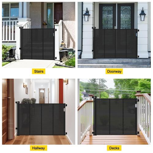 Reinforced  Tall Retractable Baby Gates with Rods, Extends up to Tall Retractable Dog Gate for Doorways Prevent Crawling Through Mesh Pet Gate Indoor Outdoor, Black