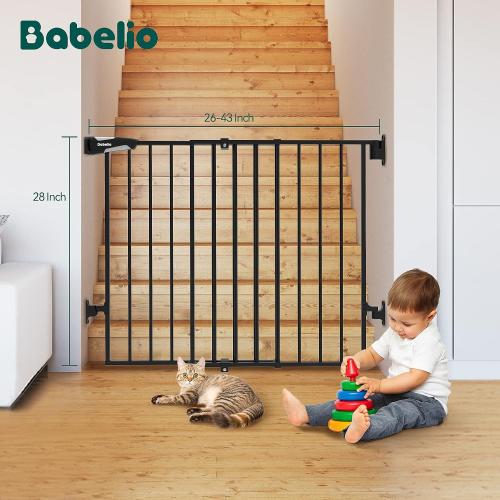 Babelio Baby Gate for Stairs, Kitchen & Doorways, No Bottom Bar| One-Handed Operation| Auto-Close| Hardware Mount (Drill Needed) Safety Dog/Pet Gate (Black - B17, 26-43 W, 28 H)