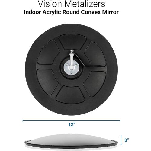 12” Acrylic Indoor Convex Mirror With Plastic Back, Round Indoor Security Mirror for the Garage Blind Spot, Store Safety, Warehouse Side View, Wall Mirror for Personal or Office Use - Vision Metalizers,Black