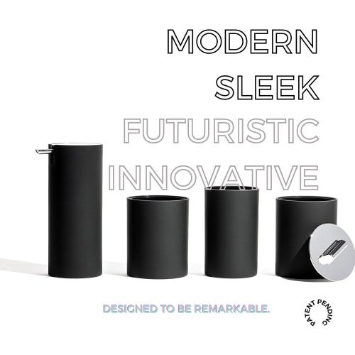 Sleek Matte Black Bathroom Accessory Set 4 Pcs Complete Bathroom Set Modern Bathroom Decor Bathroom Organizer Accesorios para baños Toothbrush Holder Soap Dispenser Set Home Decor Clearance