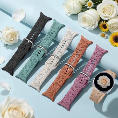 SNBLK Floral Engraved Bands Compatible with Samsung Galaxy Watch 9/8 Band 40mm 44mm/ Watch 8 Classic Band 46mm, 6Pack Flower Soft Silicone Sport Replacement Strap for Samsung Watch Bands Women Men