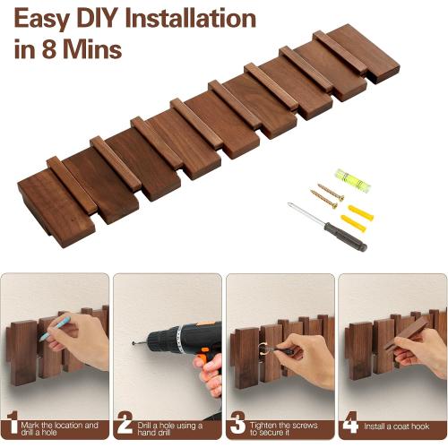 Wood Coat Rack Wall Mount, Coat Hooks Hanger Wall Mounted, Heavy Duty Wall Coat Rack with 8 Hooks for Hanging Coats/Keys/Hats/Robe&Towels/Plants/Bags, Walnut