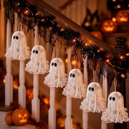 Briwooody 6 Pcs Halloween Ghost Hanging Ornaments for Tree White Lace