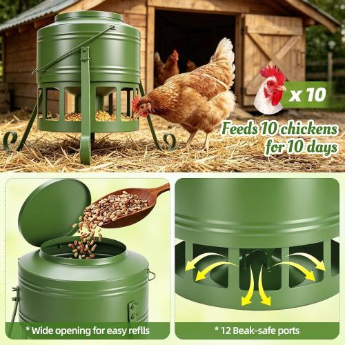 Chicken Feeder No Waste for Coop & Outdoors, 12 Port 20lbs Heavy Duty Metal Chicken Feeder, Poultry Feeder for Backyard Chickens, Smooth Edges for Safe Feeding (Green)