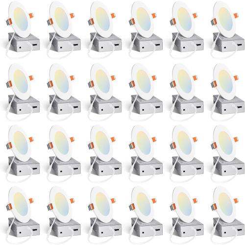 Amico 24 Pack 4 Inch 5CCT Ultra-Thin LED Recessed Ceiling Light with Junction Box, 2700K/3000K/3500K/4000K/5000K Selectable, 10W Eqv 60W, Dimmable Can Light, 800LM High Brightness Downlight - ETL&FCC