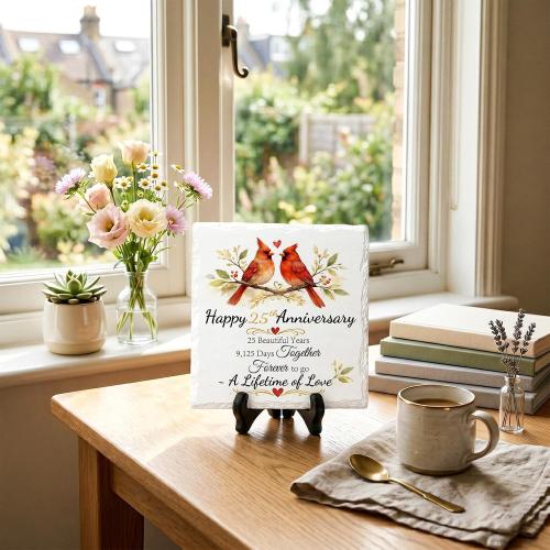 25th Anniversary Couple Gifts, Ceramic Anniversary Plaque with Stand