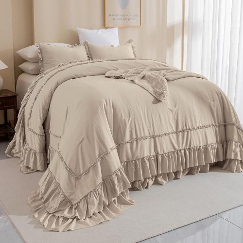 Ruffled Oversized King Comforter 120x98,Farmhouse Shabby Boho Chic Ruffle California King Comforter Set 3 Pieces French Country Vintage Rustic Bedding for All Season