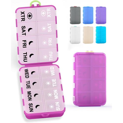 Pill Organizer Travel Medicine Organizer - Weekly Pill Organizer with 2 Extra Compartments, Clear Printed Labels, AM PM Pill Dispenser