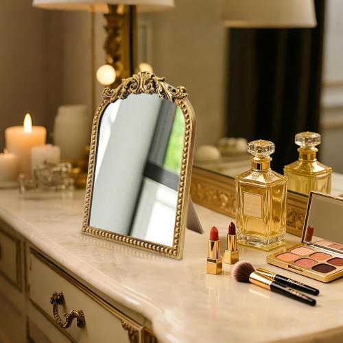Vintage Makeup Mirror, 12.1x 9.8 Gold Arched Vanity Mirror
