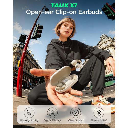 Open Ear Earbuds, Clip-On Design, Wireless Bluetooth 6.0 X7, White