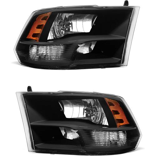 Fit 2010-2018 Dodge Ram 2500/3500 Headlamp Amber(Quad And Dual Style) for 09-18 Ram 1500 Black Housing Headlight Assembly with Reflector Replacement Left Right(Not included Bulbs)