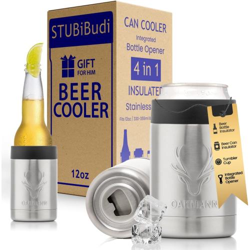 Stainless Steel Beer Cooler With Bottle Opener, Vacuum Insulated Can Cooler 12 oz for Bottles Cans, 4-in-1 Universal Insulator Coozy for Bottles Cans, Beer Gifts for Men (Steel)