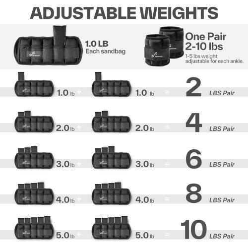 Sportneer Adjustable Ankle Weights Set - 1 Pair (2-10 lbs) Removable Sandbags for Women & Men, Comfortable Neoprene Leg Weights for Walking, Running, Pilates, Yoga, Home Workout & Physical Therapy