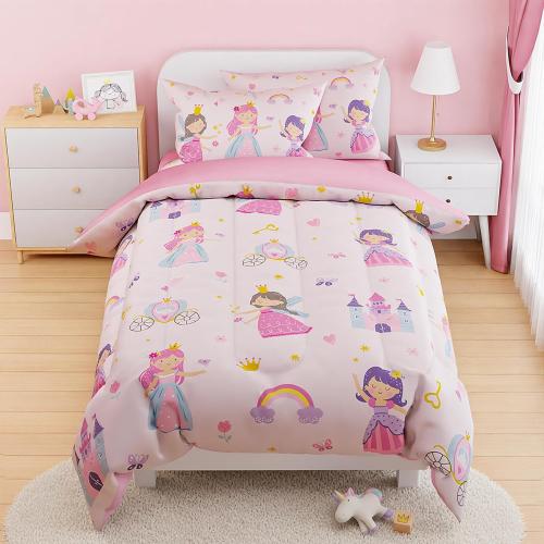SANDJEST Princess Comforter Set Full Size 98x86in for Kids Girls, Microfiber Bedding Set 4 Pcs Includes 1 Comforter, 2 Pillowcases, 1 Fitted Sheet, Nursery Room Decor Christmas Birthday