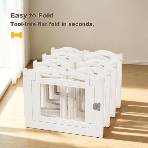 Foldable Clear Acrylic Dog Playpen with Door,  Acrylic Puppy Playpen, Easy Assemble Indoor Pet Fence with White Frame, Clear Dog Playpen for Puppies & Animal