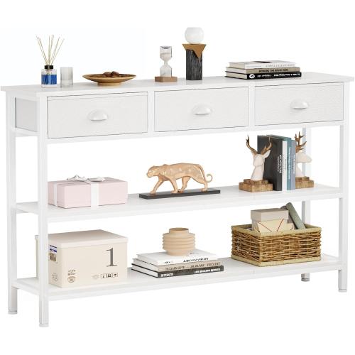 Furologee White Long 47 Console Sofa Table with 3 Drawers, Entryway Table with 3-Tier Storage Shelves, Display Shelf for Entry Way, Hallway, Couch, Living Room, Kitchen, Foyer