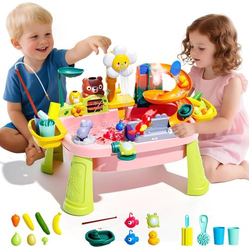 Ploomi 2026 Upgraded Water Table for Toddlers 1-3 - Outdoor Toys for Kids Ages 4-8 with Pump, Summer Outside Sensory Activity Pool Toys, Kitchen Play Sink Toy with Running Water, Fishing Toy, Pink