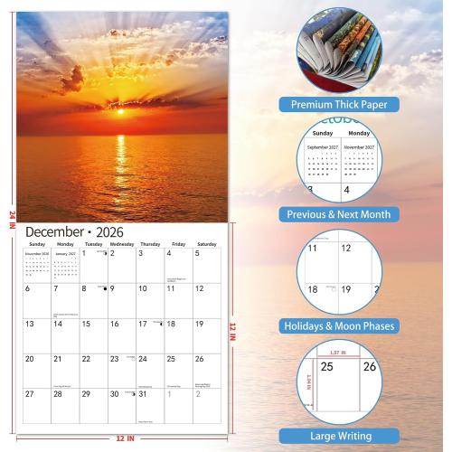 2026 Wall Calendar,Calendar 2026, November 2025 - December 2026, Wall Calendar Sunset, 12 x 24 Opened,Full Page Months Thick & Sturdy Paper for Calendar Organizing & Planning