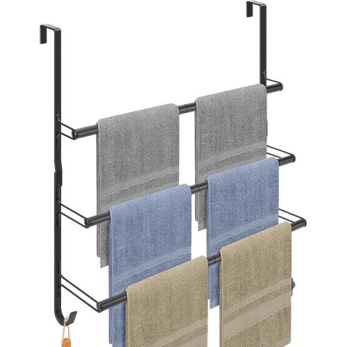 Livabber 3-Tier Over The Door Towel Rack, All Metal Towel Rack with Hooks for Door Hanging, Behind Door Towel Bar Towel Storage Holder for Bathroom Accessories, Black (22.8 L x 5.9 W x 24.4 H)