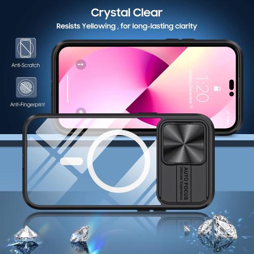 Clear Case Compatible with iPhone 14 Pro MagSafe with Sliding Camera Cover Protector, [Strong Magnets][Anti Yellow] Transparent Back Soft TPU Frame, for iPhone 14 Pro 6.1 (Black)