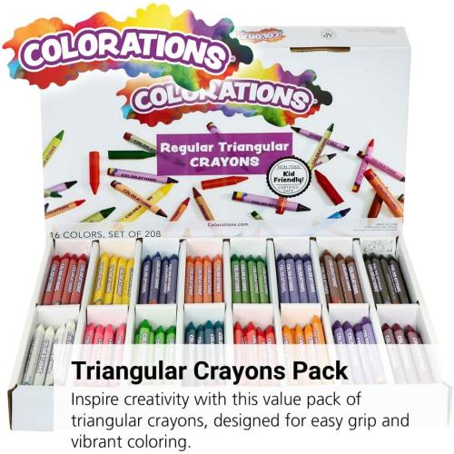 Colorations Regular Size Triangular Crayon Classroom Pack, 16 Colors | 13 of Each, Set of 208, Easy-Grip Non-Toxic Crayons for Kids, School Supplies, Classroom Must-Haves