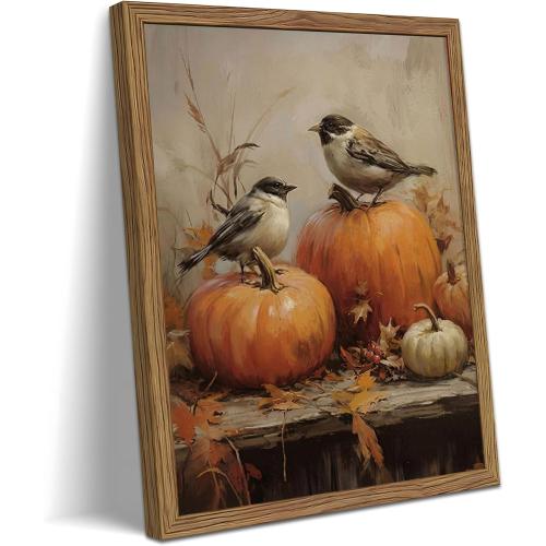 Autumn Birds Pumpkin Canvas Framed Poster Painting Print Picture, Vintage Fall Harvest Sparrow Artwork with Pumpkins and Leaves, Rustic Farmhouse Wall Decor for Living Room Kitchen Bedroom Home Decor