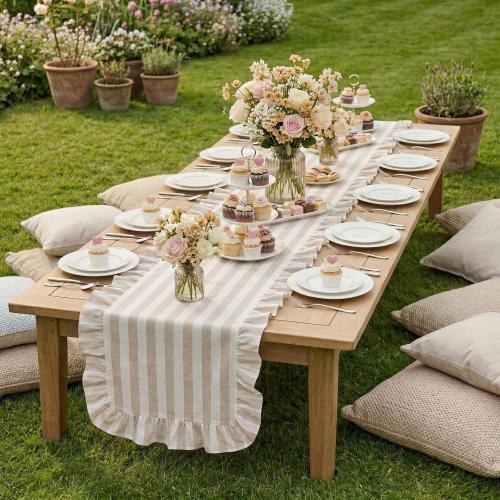 Tegeme Brown and White Stripe Ruffle Table Runner, 100% Cotton 13 x 90