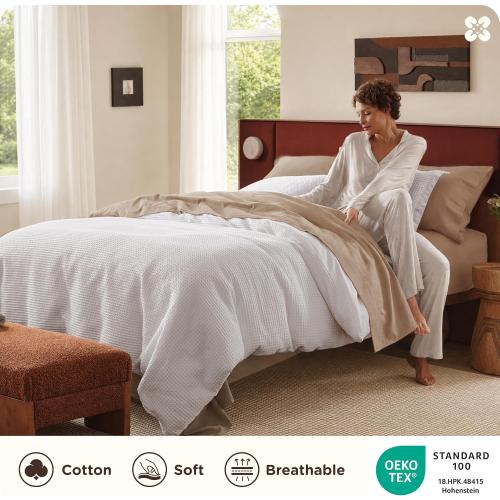 Bedsure PureWoven 3 Pieces 100% Cotton Waffle Weave Duvet Cover Set, King
