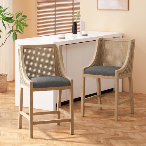 Fabric Upholstered Wood and Cane Counter Stools with Backrest,Set of 2,French Country Barstools Chair