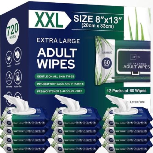 Adult Wipes For Elderly - 8x13 720ct (12 Packs of 60) Huge & Soft Non-Flushable Body Wipes for Adults Bathing No-Rinse - Incontinence Disposable Washcloths, Vitamin E & Aloe Infused Shower Wipes.