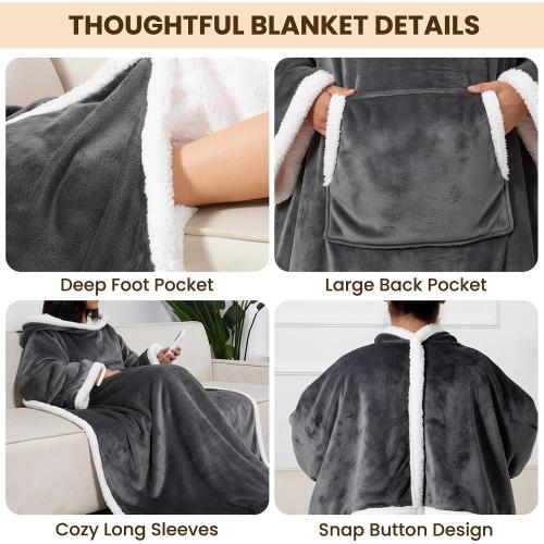 DAILYLIFE Wearable Heated Blanket with Foot Pocket, 52x72 Electric Blanket with Sleeves for 6 Heat Settings, 12 Hours Timer, Flannel & Sherpa, Charcoal