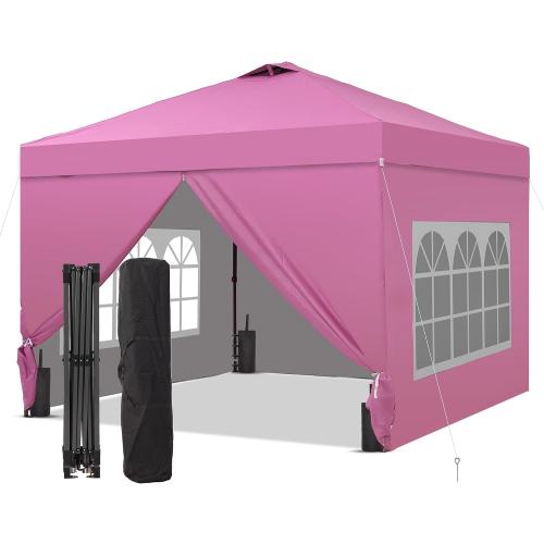 GDY 10x10 Pop Up Canopy Tent with 4 Sidewalls, Easy Set up with One Push Lift Outdoor Silver Coated Beach Gazebos, Carpas with 4 Sandbags, for Outdoor, Parties,Camping, Pink.