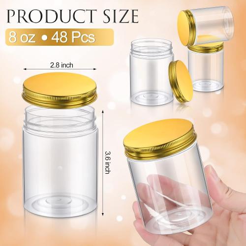 Aoriher 48 Pcs 8 oz Plastic Jars with Lids Round Clear Containers, Gold