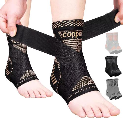 SMALL JIUFENTIAN Copper Ankle Brace Adjustable Compression Sleeve (Pair)-Ankle Support Heel Brace for Achilles Tendonitis, Plantar Fasciitis-Eases Swelling and Sprained Ankle(Medium)