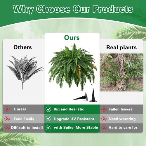 2PCS 45in Fake Ferns- Large Artificial Plants Outdoor, UV Resistant Artificial Ferns for Outdoors, 60 Branches Faux Boston Fern Realistic Weatherproof Fake Plants for Porch Home Patio Hanging Decor
