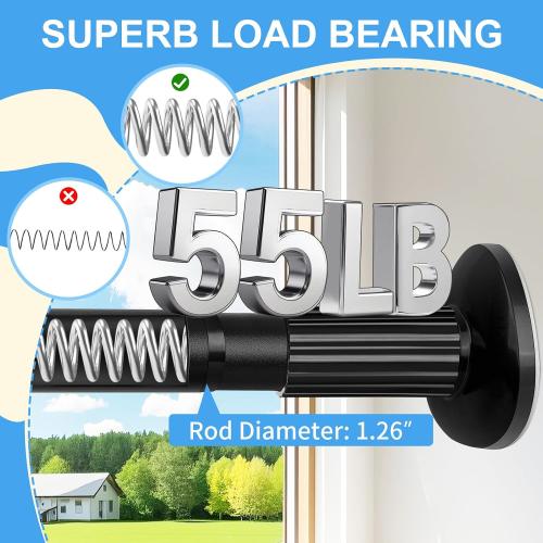 Tension Curtain Rod 51-126 Inch, Long Curtain Rod No Drilling for Window or Bathroom, Outdoor Curtain Rods for Patio Tension Rods, Easy to Install, Never Rust, Rod Diameter 1.26 Inches - Black