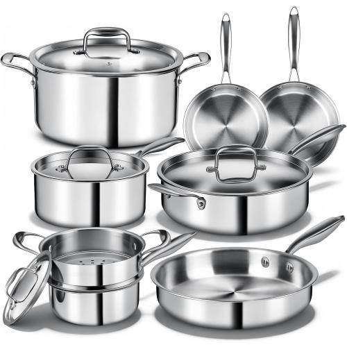 Triple Ply Stainless Steel Pots and Pans Set, EWFEN 12 Piece Induction Cookware Set, Oven Dishwasher Safe | Frying Pans, Saucepans, Saute Pan & Stock Pot, PFOA Free Kitchen Skillet