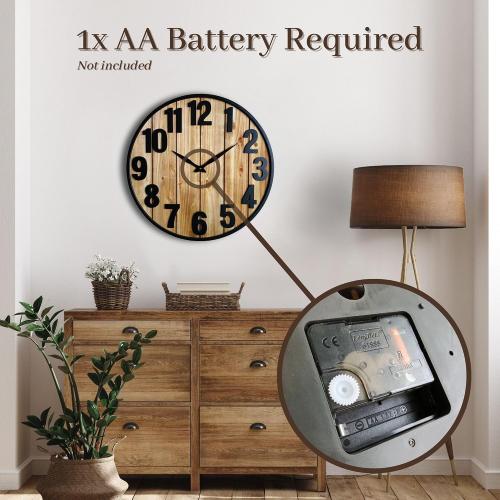 Montoire 24 Inch Wooden Farmhouse Wall Clock Large, Extra Large for Living Room Decor - Big Oversized Rustic Round Decorative Clocks for Walls, Battery Operated