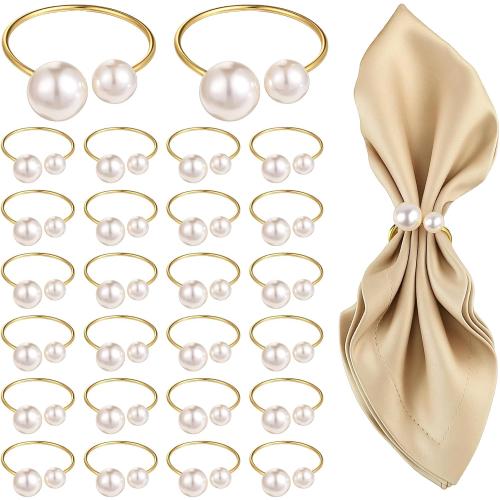 Set of 42 Pearl Napkin Rings, Gold Napkin Ring Holders with Faux Peals