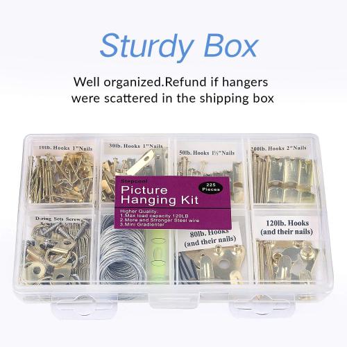 Picture Hangers, Picture Hanging Kit, 225pcs Heavy Duty Frame Hooks Hardware with Nails, Hanging Wire, Screw Eyes, D Ring and Sawtooth for Wall Mounting