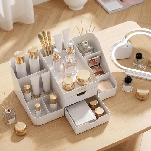Cologne Organizer for Men with Drawers, Vanity Makeup Storage,White