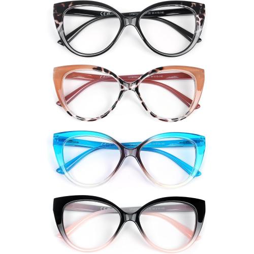 Reading Glasses for Women 4 Pack Blue Light Blocking Filter UV Oversized Cat Eye Stylish Spring Hinge Readers, 4Cat, 1.25
