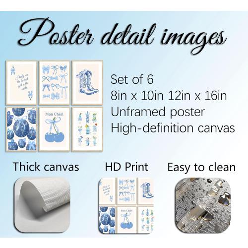 Blue Coquette Preppy Poster Wall Art,6 Pcs Aesthetic Painting Picture Wall Decor,Cowboy Boots Disco Ball Cocktail Cherry Canvas Print Artwork,for Girls Bedroom Dorm Room Home Decoration Unframed