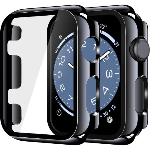 Misxi 2 Pack Tempered Glass Case Compatible for Apple Watch Series 3 Series 2 38mm, Hard PC Screen Protector Overall Protection Ultra-Thin Lightweight Scratch-Resistant Cover for iWatch, Jet Black