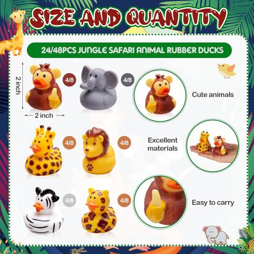 Deekin 24 Pcs Jungle Safari Animal Rubber Ducks 2 Inch Party Favors