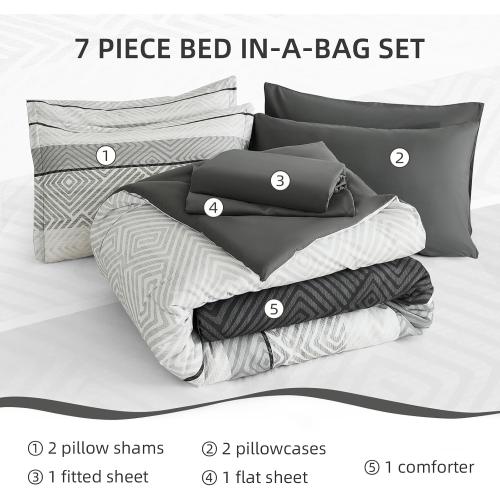 Black and Grey Comforter Set Queen Size 7 Piece Bed in a Bag