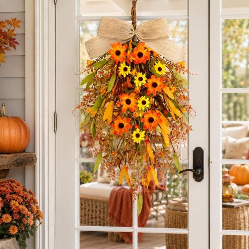 2 Pcs 24 inch Artificial Fall Swag Autumn Floral Teardrop Swags for Front Door Farmhouse Kitchen Cabinet Wreaths with Ribbon for Porch Wall Window Decor